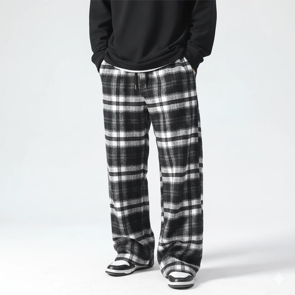 Youssef Men’s Sweatpants – Plaid Soft Brushed Cotton Wide-Leg Trousers