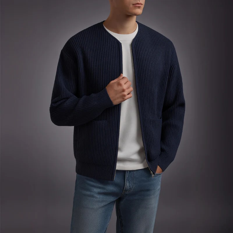 Jayden Men’s Knit Cardigan – Zip Up Sweater with Textured Knit & Patch Pockets