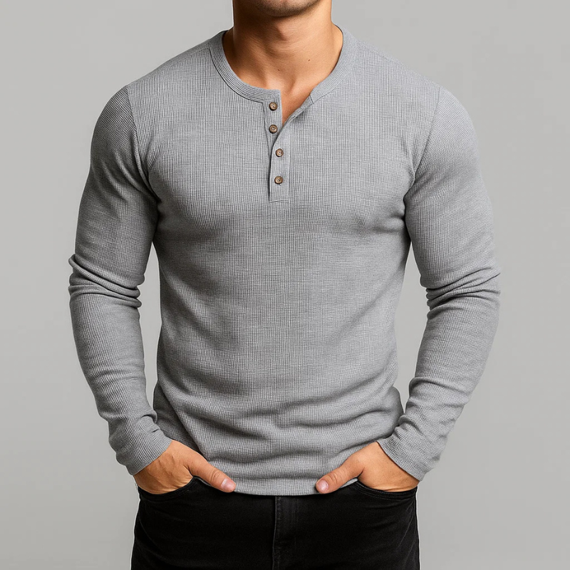 Mikhail Men’s Textured Long Sleeve Pullover – Waffle Knit Henley Pullover