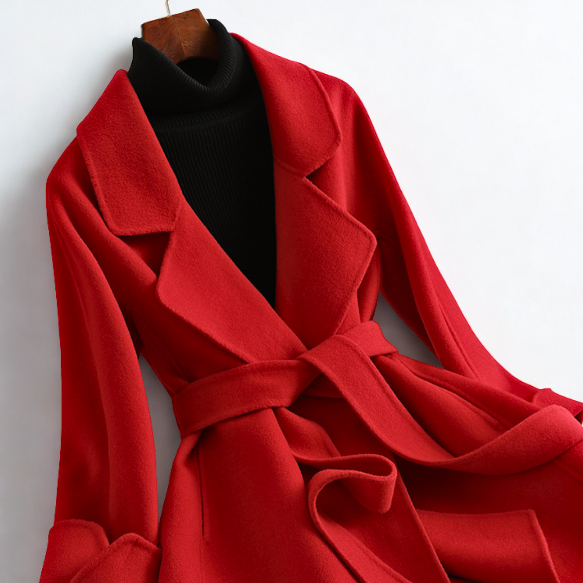 Oksana Women’s Wool Blend Coat – Wide Lapel Collar with Belted Silhouette