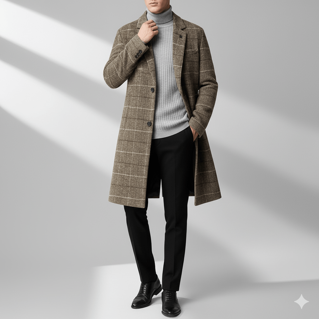 Asher Men’s Wool Coat – Windowpane Overcoat with Structured Mid-Length Design