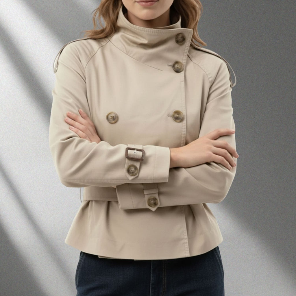 Khadija Women’s Trench Coat – High-Neck Belted Cotton Cropped Jacket