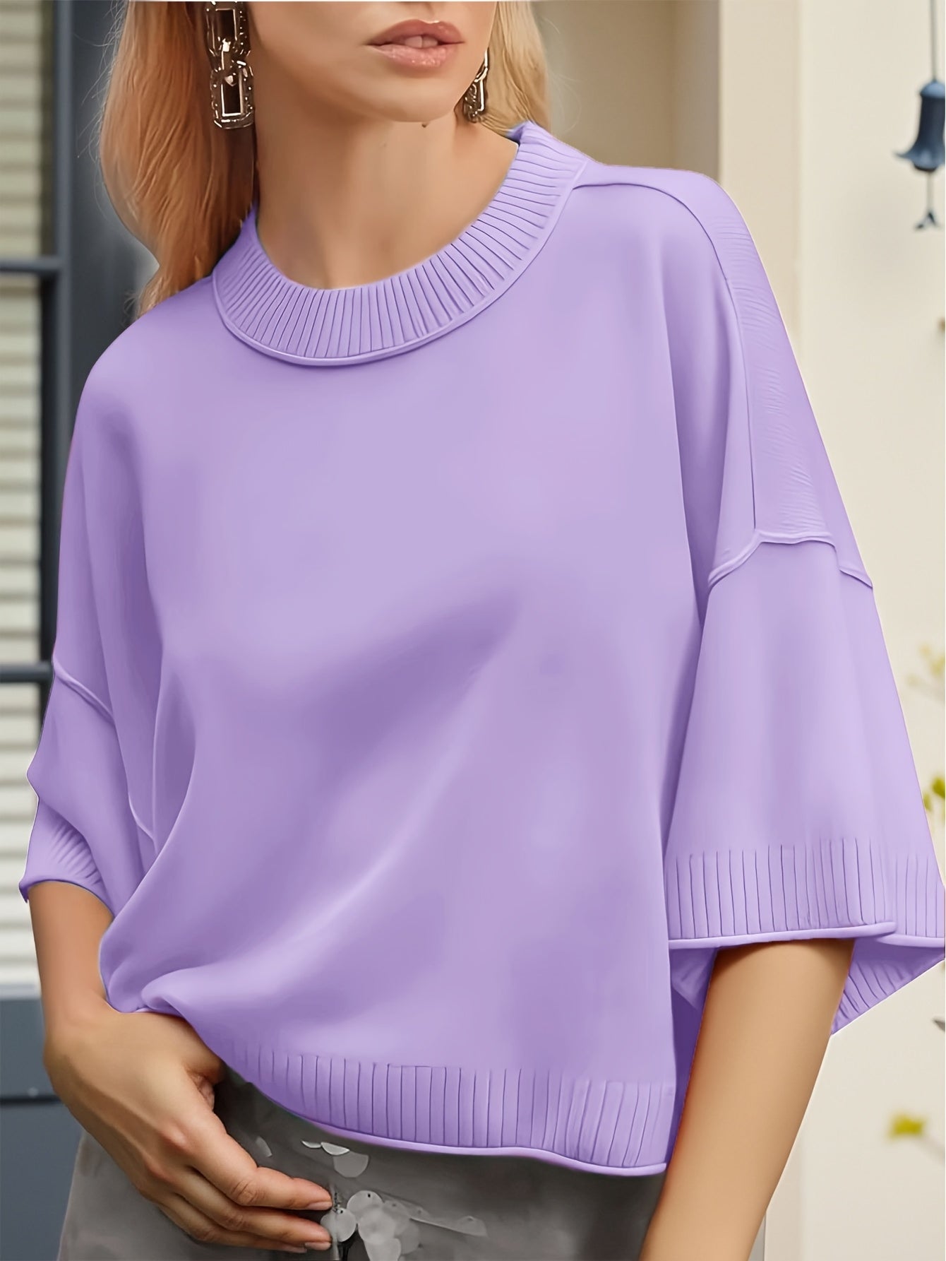 Inès Women’s Oversized Sweater – Lightweight Short Sleeve Knit with Ribbed Hem