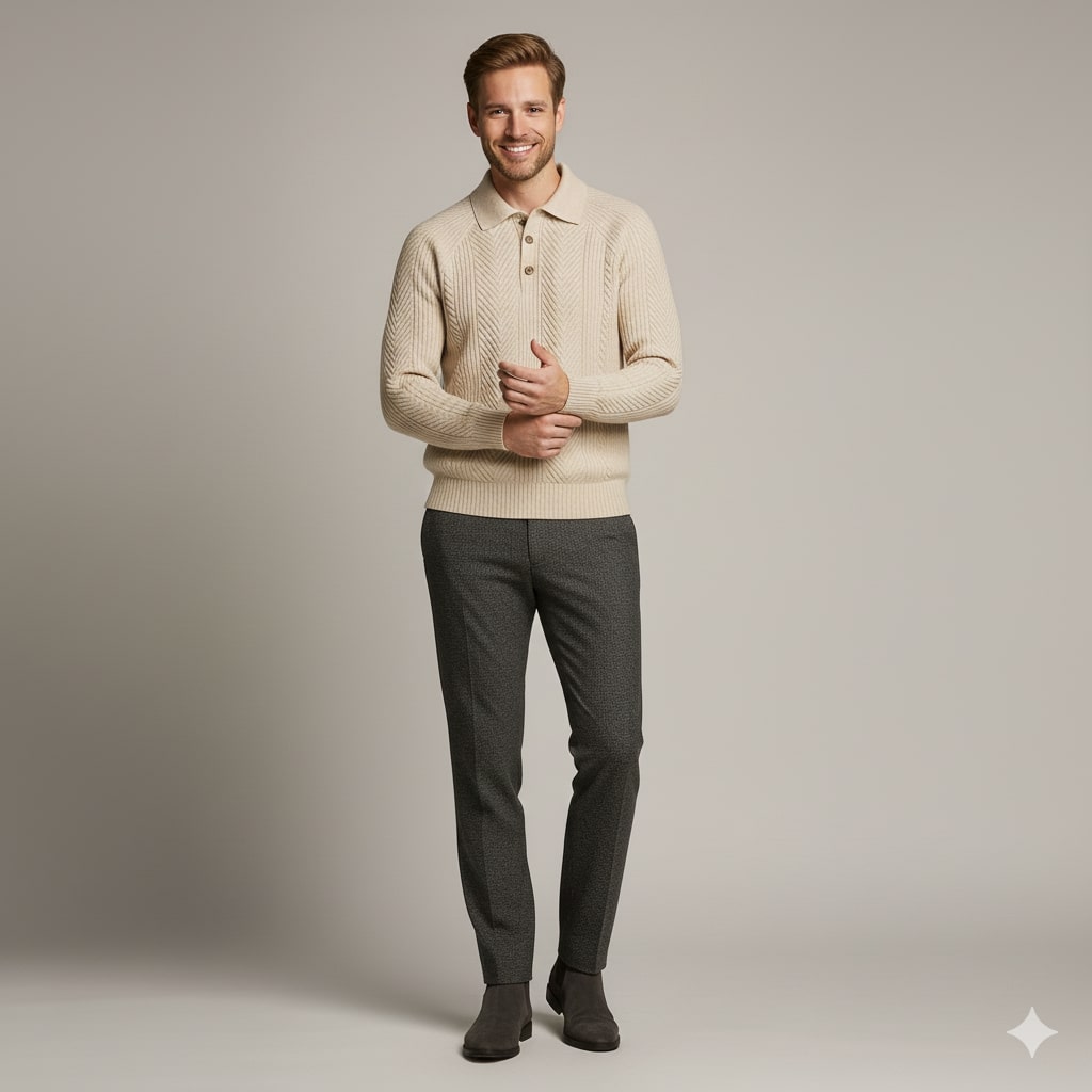 Ismael Men’s Knit Polo Sweater – Herringbone Texture with Structured Collar Pullover