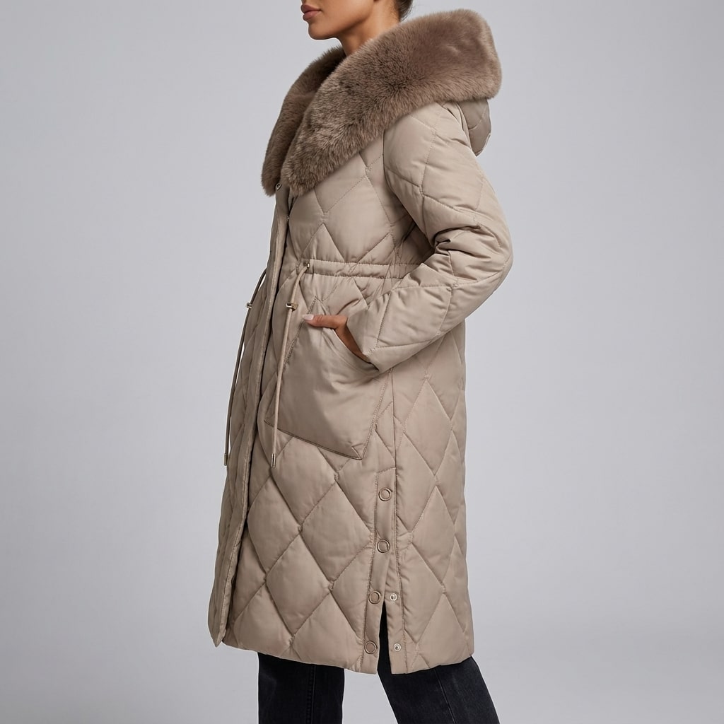 Paula Women's Winter Coat – Quilted Long Coat with Fur Collar & Adjustable Waist