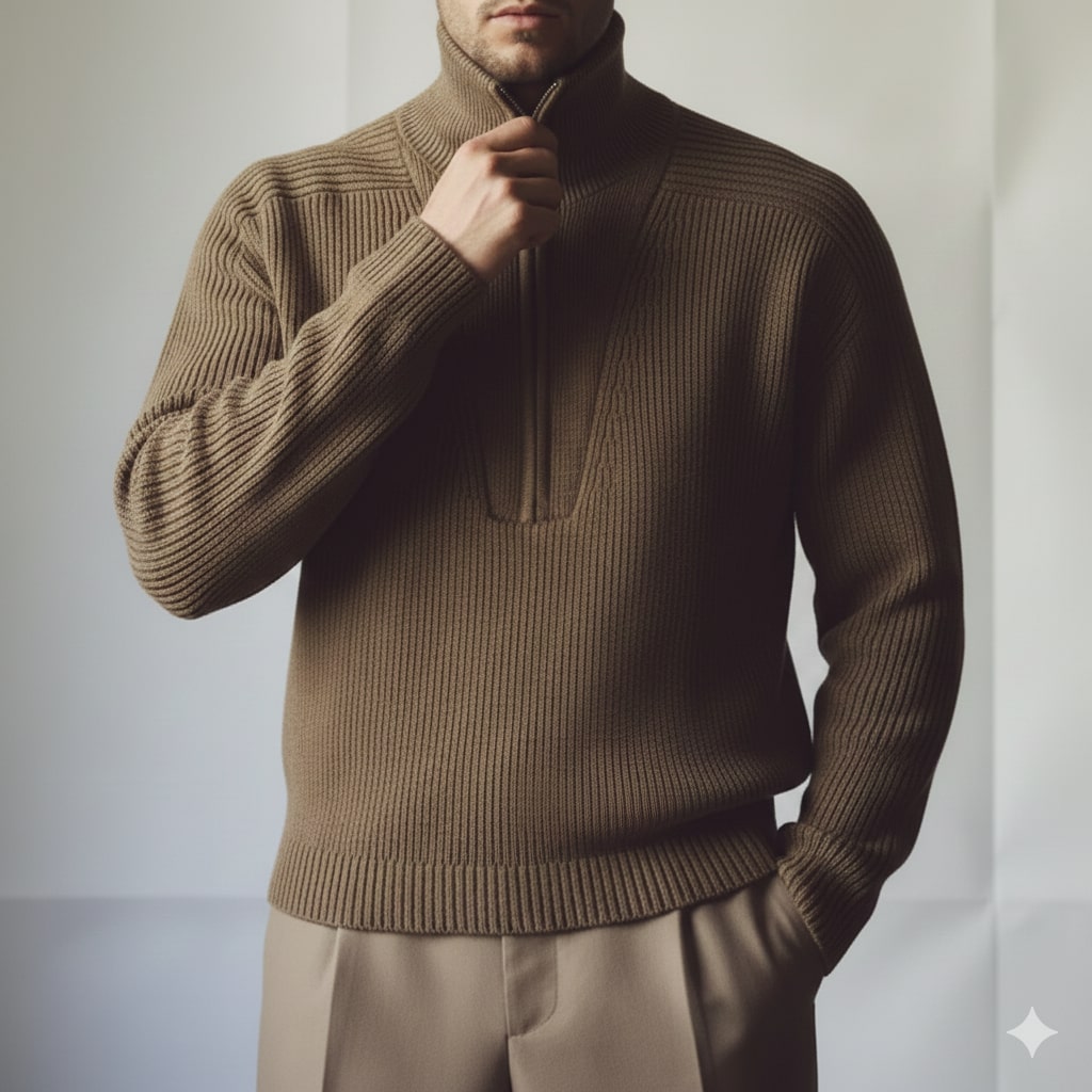 Rami Men’s Knitted Sweater – Half Zip Stand-Collar Pullover with Vintage Texture