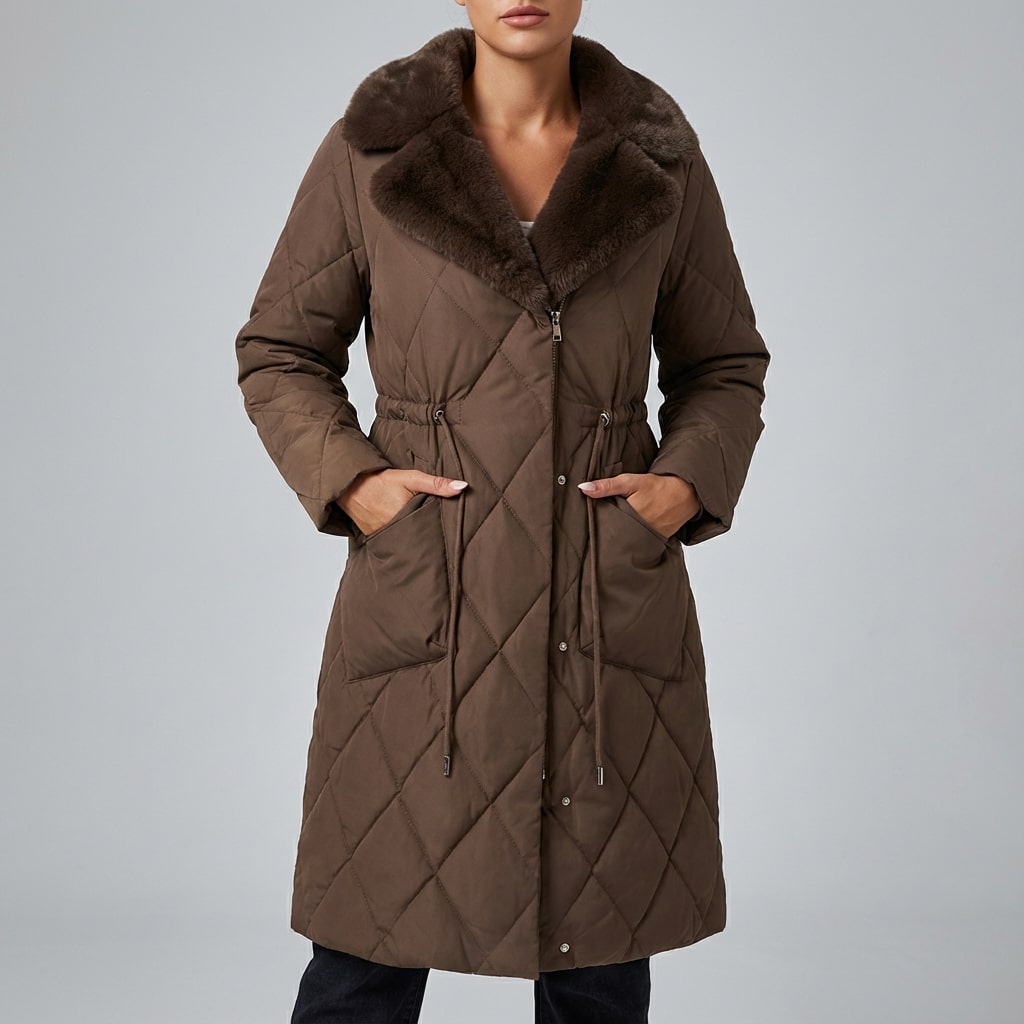 Paula Women's Winter Coat – Quilted Long Coat with Fur Collar & Adjustable Waist