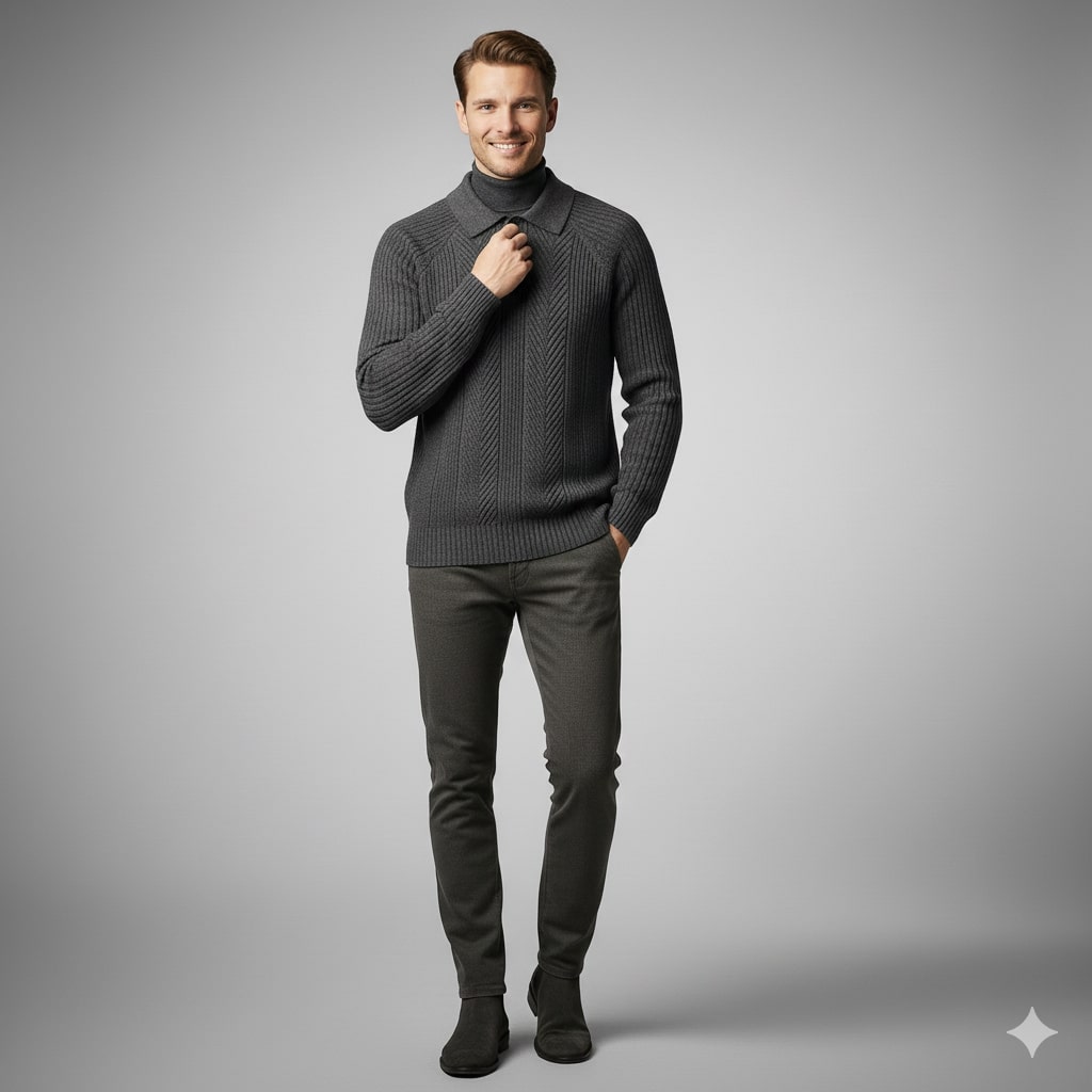 Ismael Men’s Knit Polo Sweater – Herringbone Texture with Structured Collar Pullover