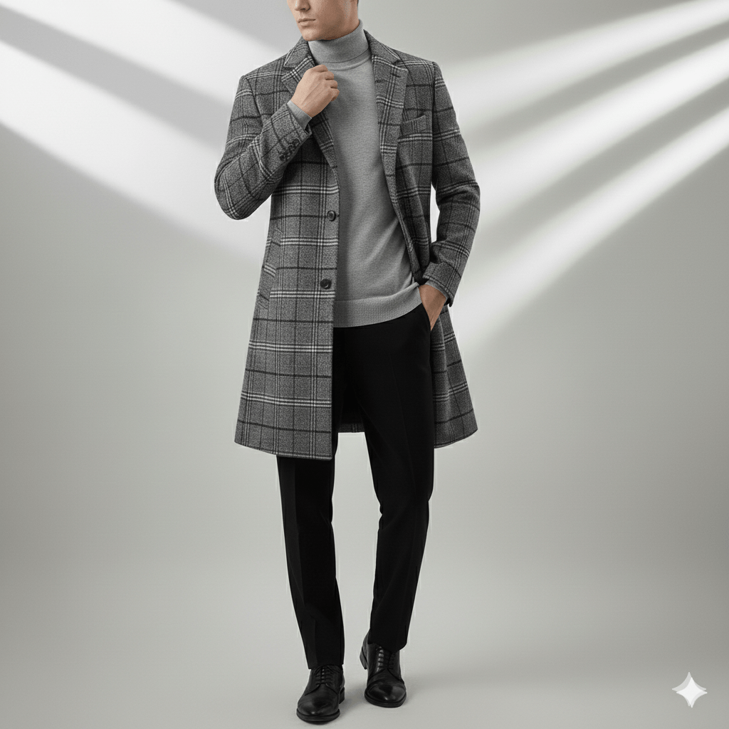 Asher Men’s Wool Coat – Windowpane Overcoat with Structured Mid-Length Design
