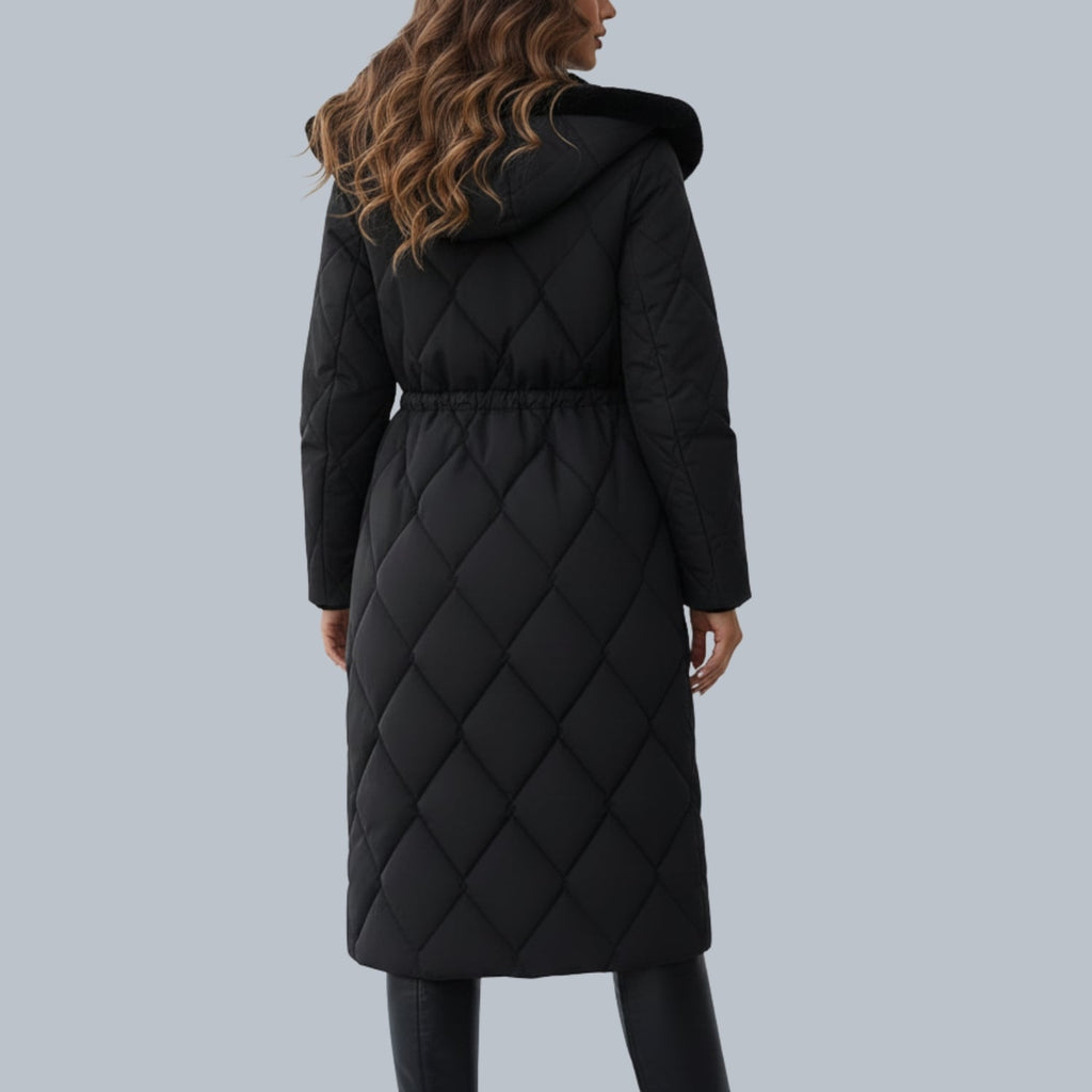 Paula Women's Winter Coat – Quilted Long Coat with Fur Collar & Adjustable Waist