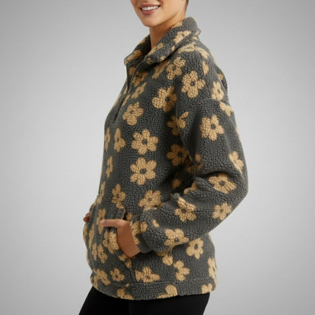Dahlia Women's Fleece Pullover – Floral Soft Half-Zip Oversized Winter Pullover