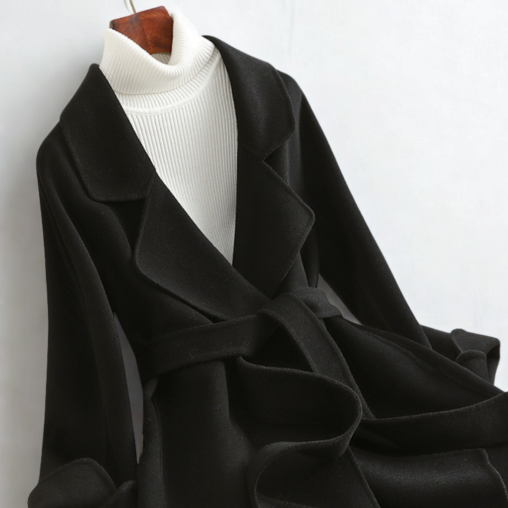 Oksana Women’s Wool Blend Coat – Wide Lapel Collar with Belted Silhouette