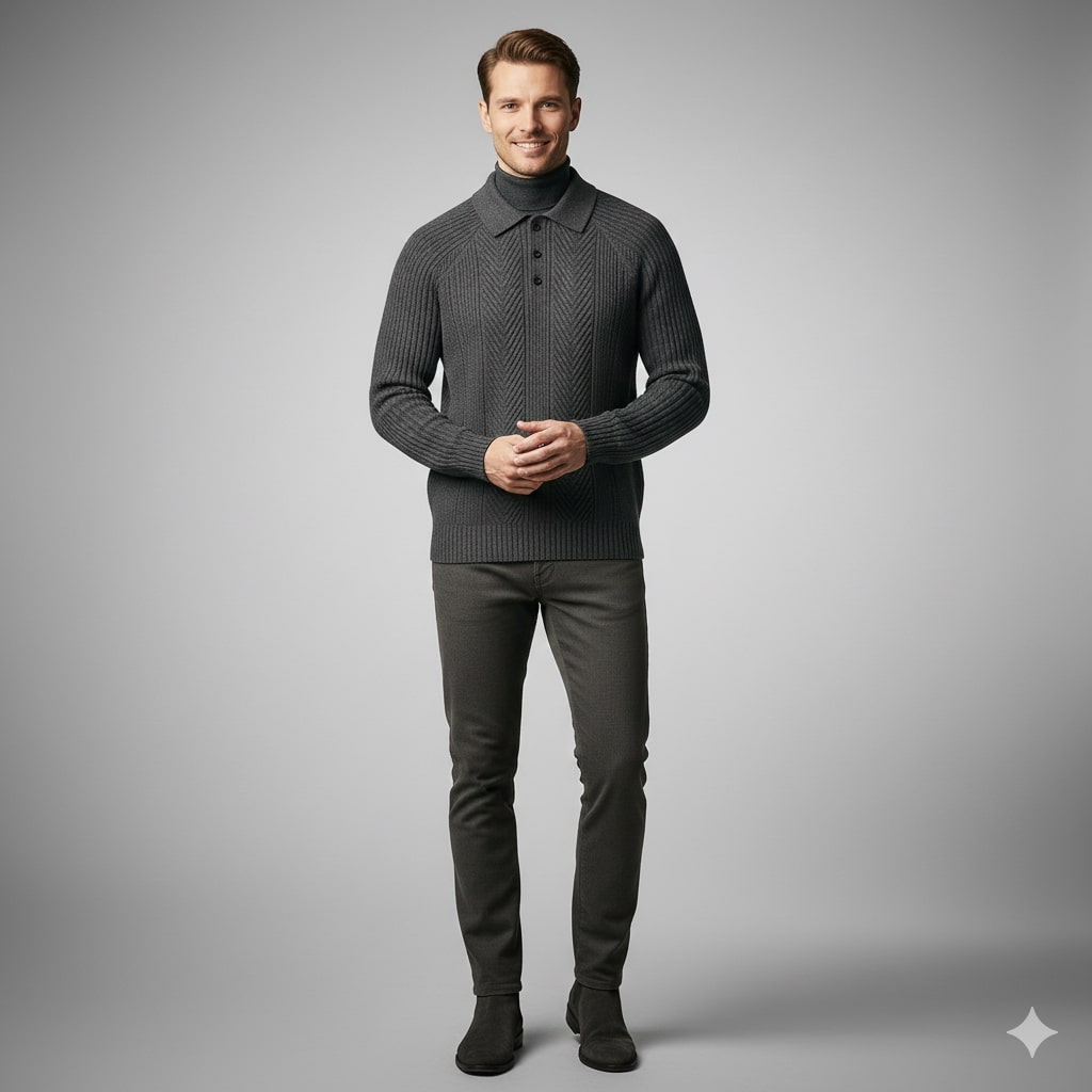 Ismael Men’s Knit Polo Sweater – Herringbone Texture with Structured Collar Pullover