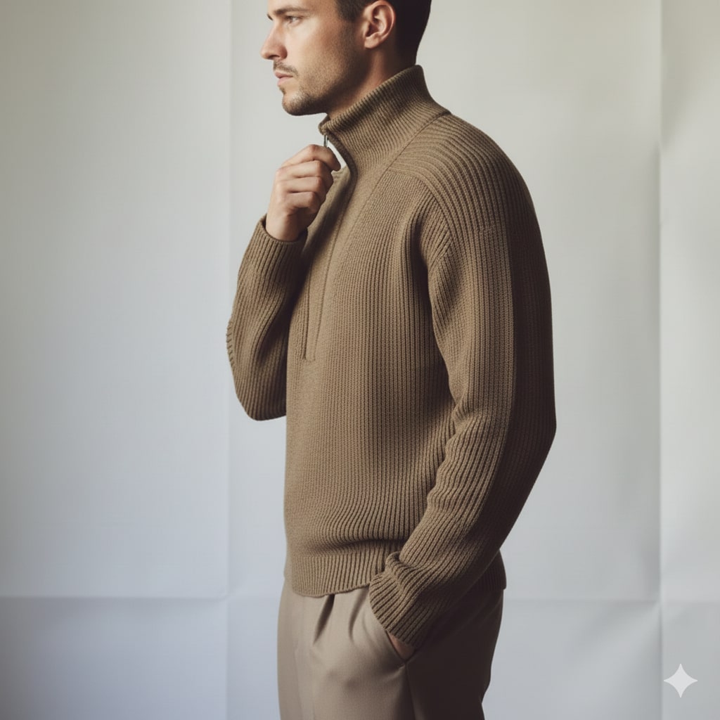 Rami Men’s Knitted Sweater – Half Zip Stand-Collar Pullover with Vintage Texture