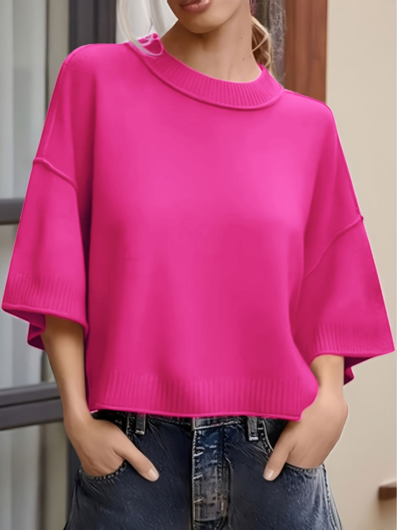 Inès Women’s Oversized Sweater – Lightweight Short Sleeve Knit with Ribbed Hem