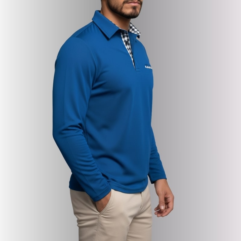 Kerem Men’s Long Sleeve Polo – Slim Fit Design with Checked Collar Accents