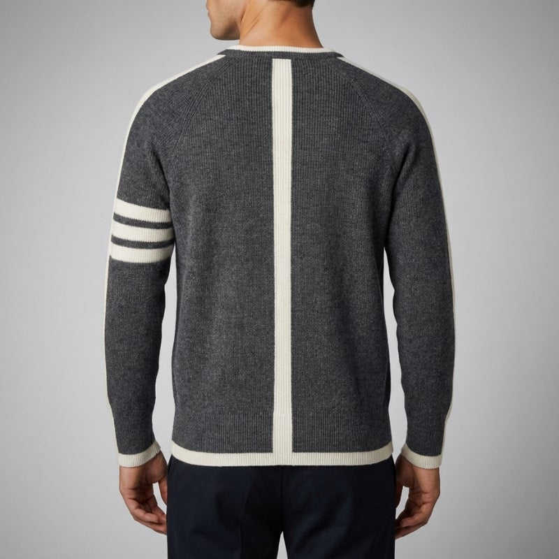 Damien Men’s Knit Sweater – Structured Knit Wool Pullover with Contrast Stripe Detail