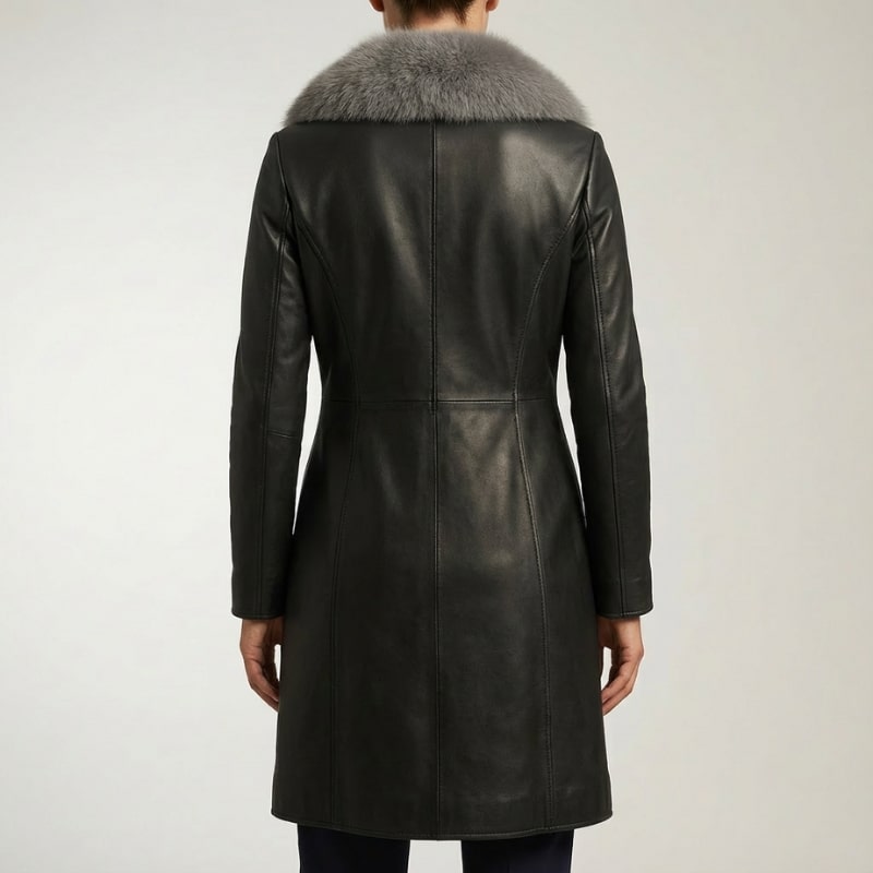 Adèle Women’s Leather Jacket – Fur Trim Collar & Belted Longline Coat