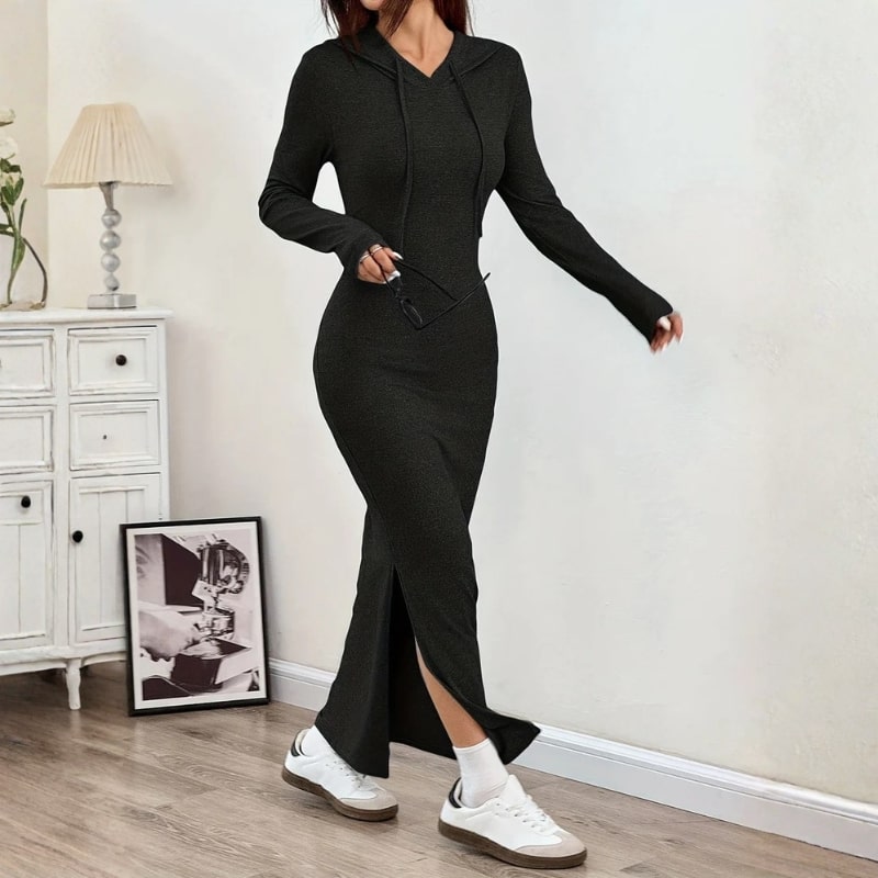 Sasha Women’s Bodycon Dress – Hooded Stretch Maxi with Side Slit