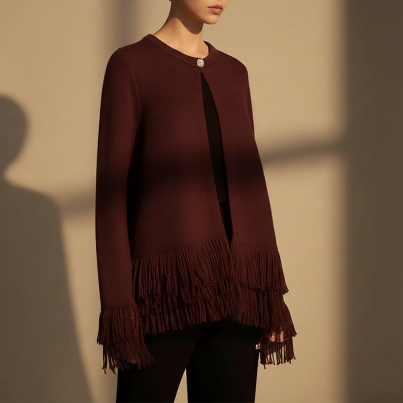 Colette Women’s Cardigan – Structured Knit Cardigan with Fringe Style Silhouette