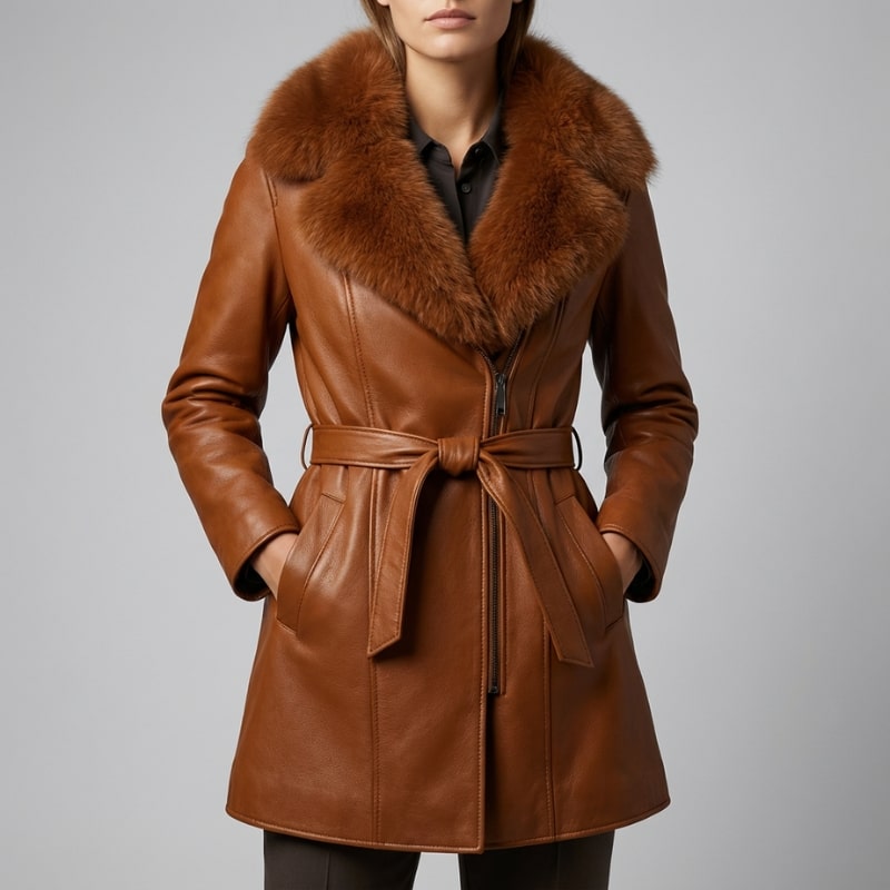 Adèle Women’s Leather Jacket – Fur Trim Collar & Belted Longline Coat