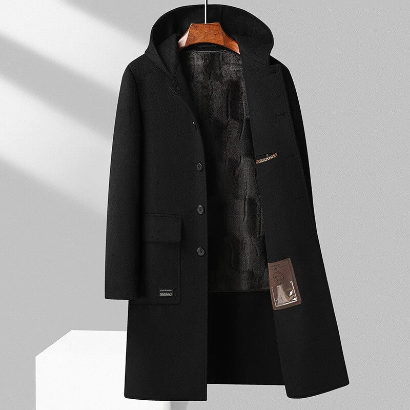 Brayan Men’s Hooded Wool Overcoat – Structured Knee-Length Design with Detachable Lining