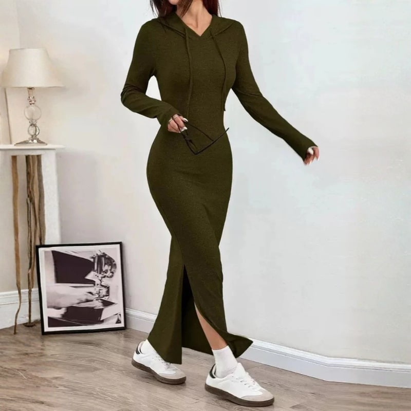 Sasha Women’s Bodycon Dress – Hooded Stretch Maxi with Side Slit