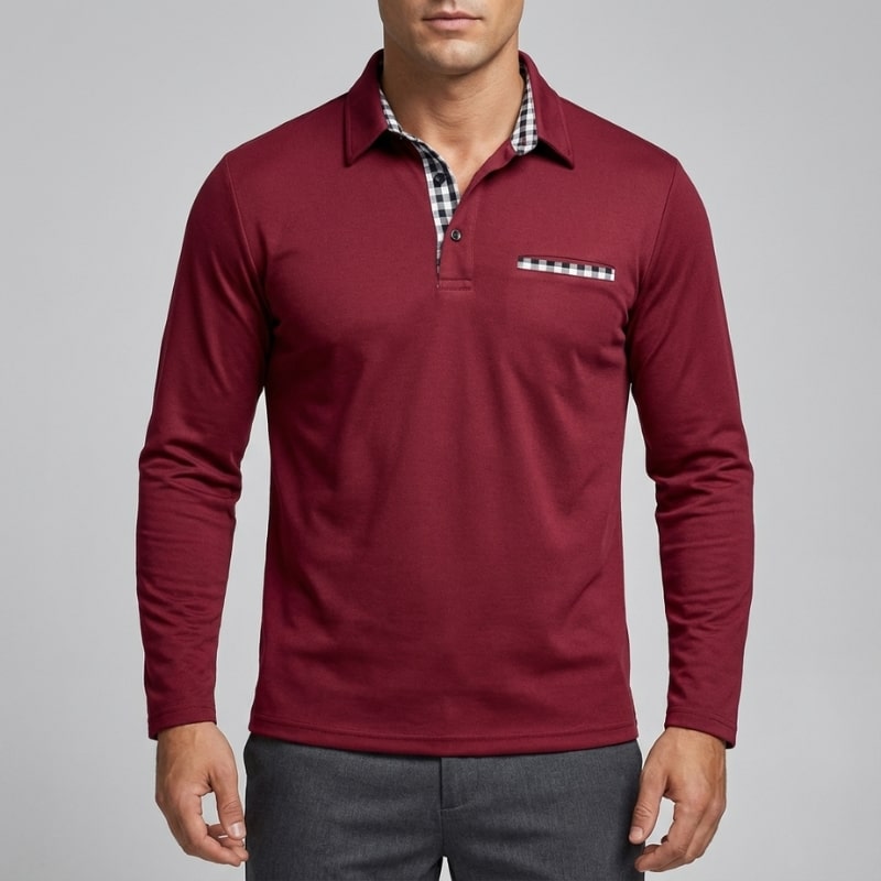Kerem Men’s Long Sleeve Polo – Slim Fit Design with Checked Collar Accents