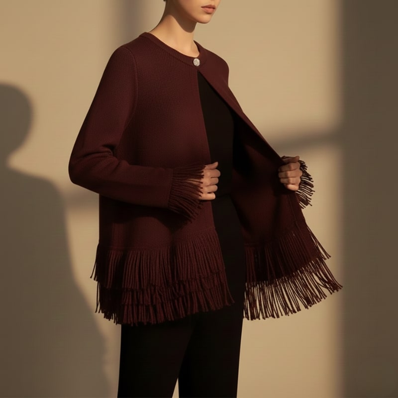 Colette Women’s Cardigan – Structured Knit Cardigan with Fringe Style Silhouette
