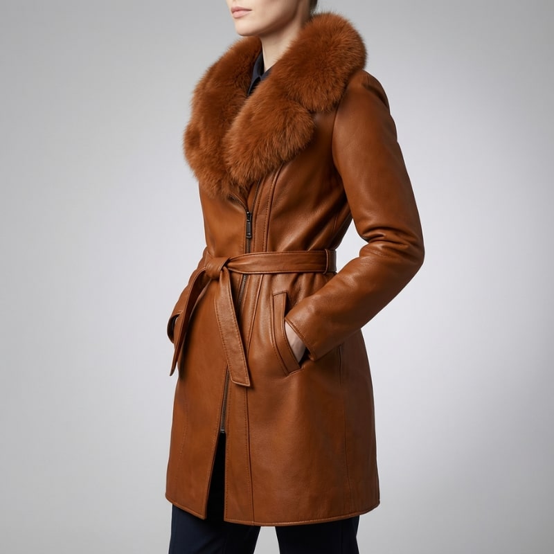 Adèle Women’s Leather Jacket – Fur Trim Collar & Belted Longline Coat