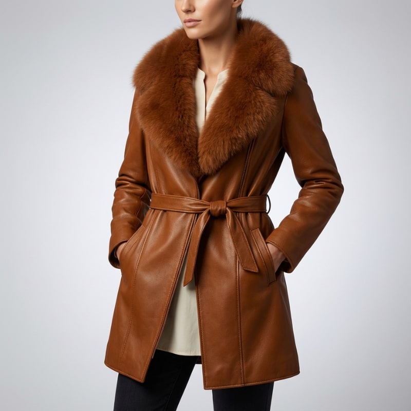 Adèle Women’s Leather Jacket – Fur Trim Collar & Belted Longline Coat