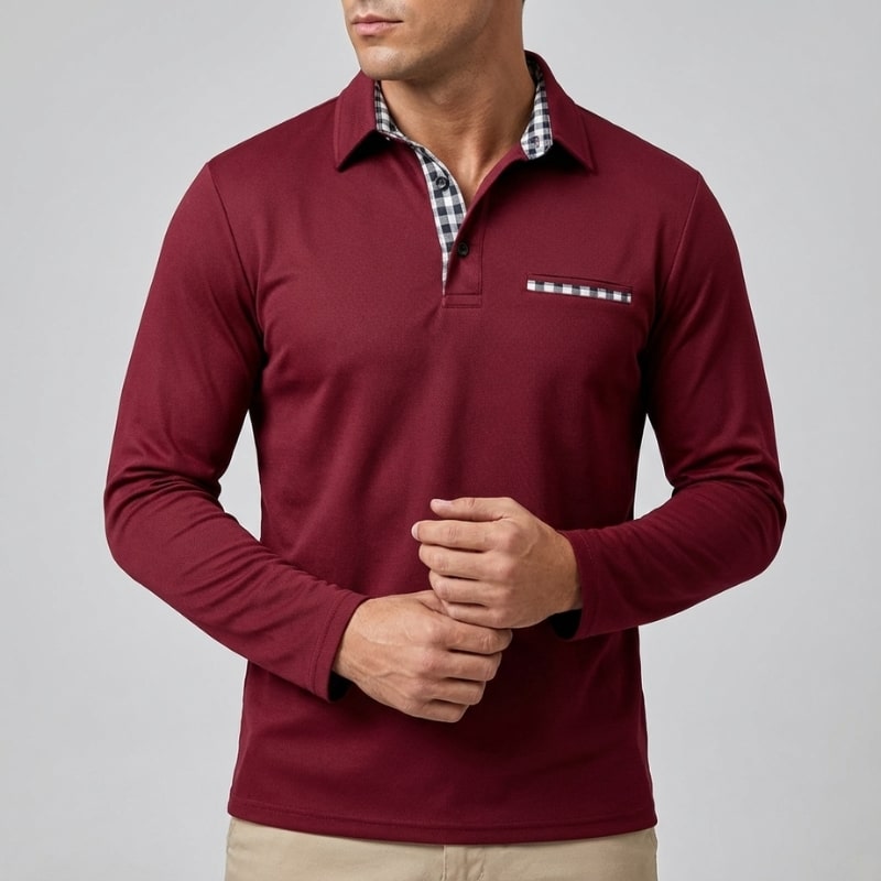 Kerem Men’s Long Sleeve Polo – Slim Fit Design with Checked Collar Accents