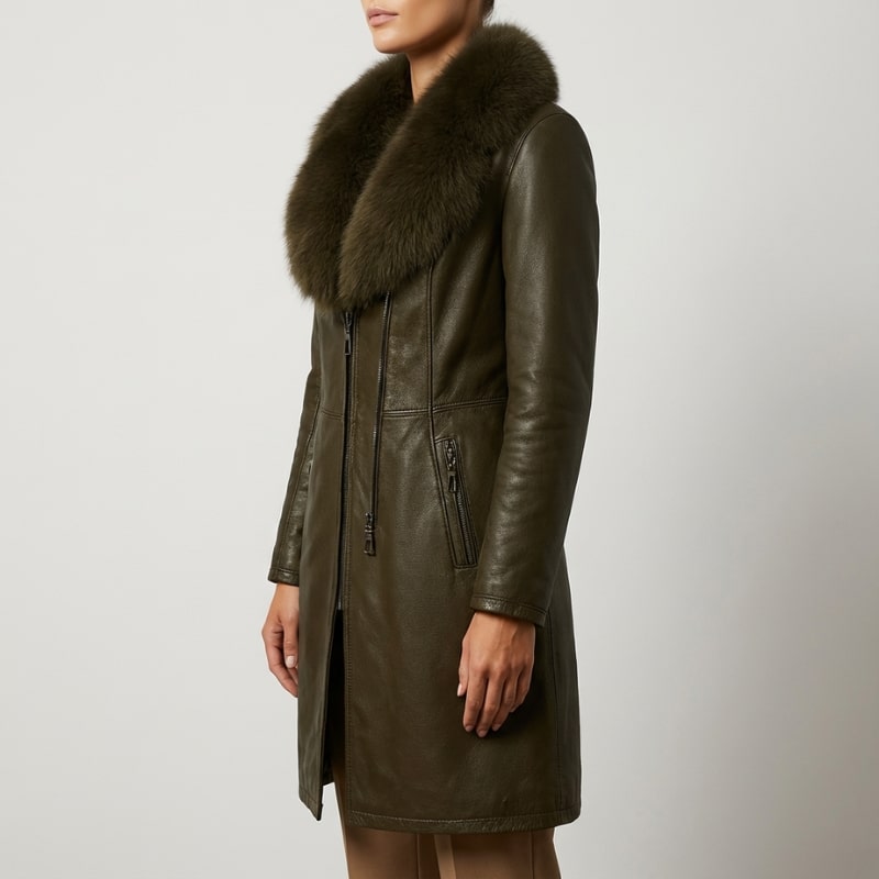 Adèle Women’s Leather Jacket – Fur Trim Collar & Belted Longline Coat