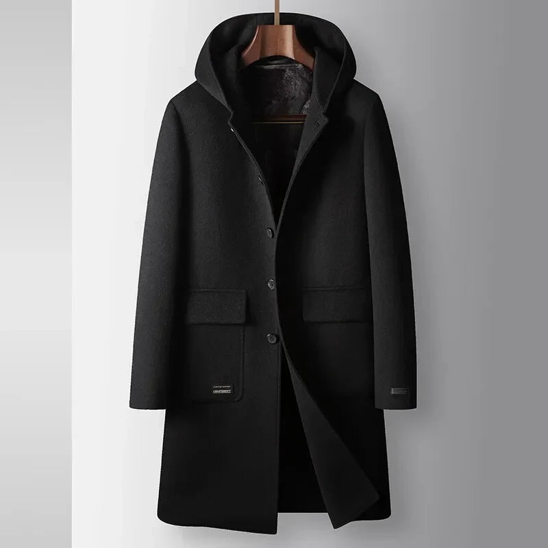 Brayan Men’s Hooded Wool Overcoat – Structured Knee-Length Design with Detachable Lining