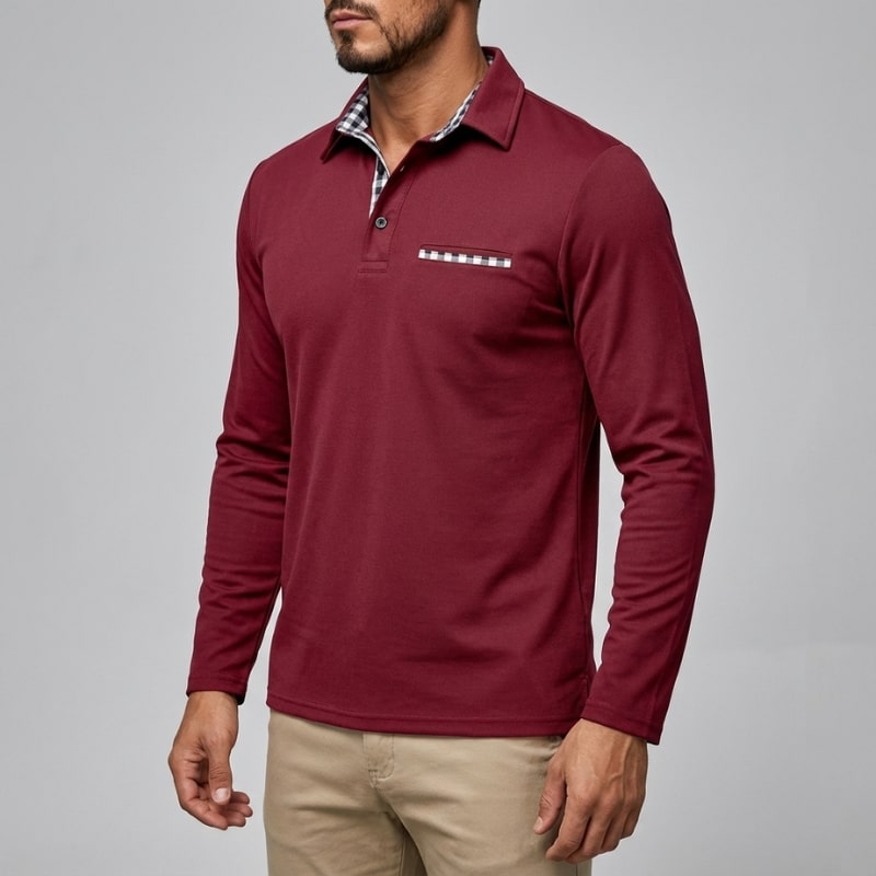 Kerem Men’s Long Sleeve Polo – Slim Fit Design with Checked Collar Accents