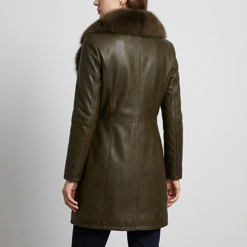 Adèle Women’s Leather Jacket – Fur Trim Collar & Belted Longline Coat