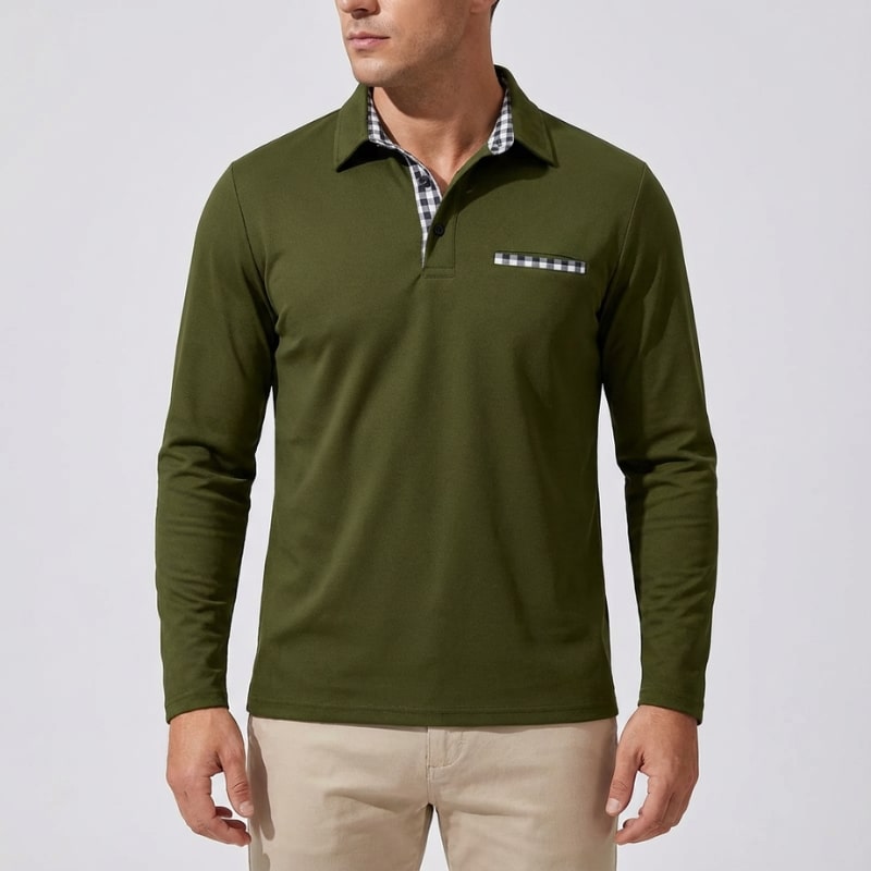 Kerem Men’s Long Sleeve Polo – Slim Fit Design with Checked Collar Accents
