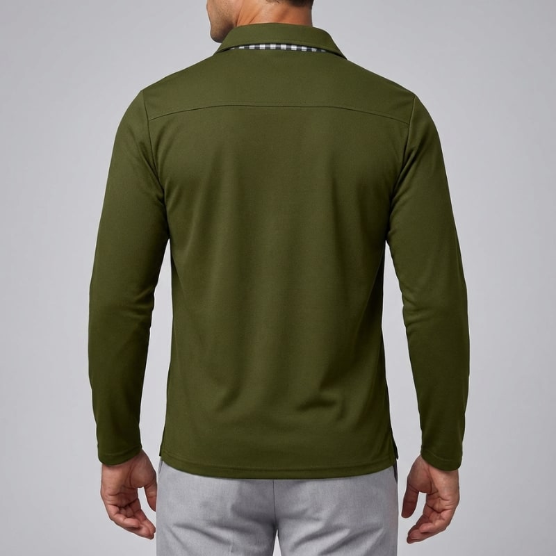 Kerem Men’s Long Sleeve Polo – Slim Fit Design with Checked Collar Accents