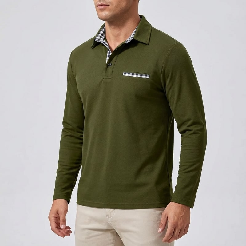 Kerem Men’s Long Sleeve Polo – Slim Fit Design with Checked Collar Accents