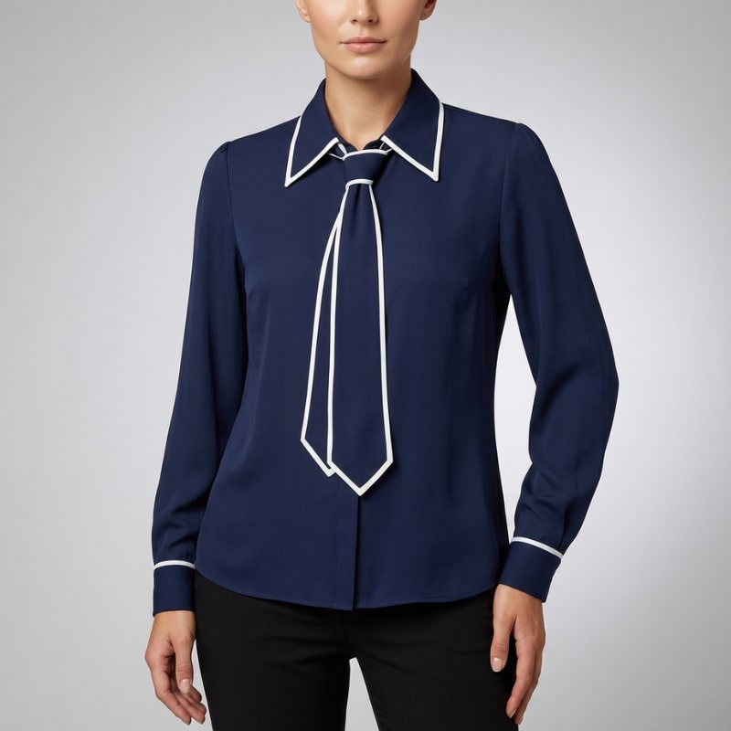 Thalia Women’s Blouse – Contrast Tie Cotton-Blend Button-Down Shirt with Structured Collar