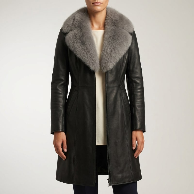 Adèle Women’s Leather Jacket – Fur Trim Collar & Belted Longline Coat
