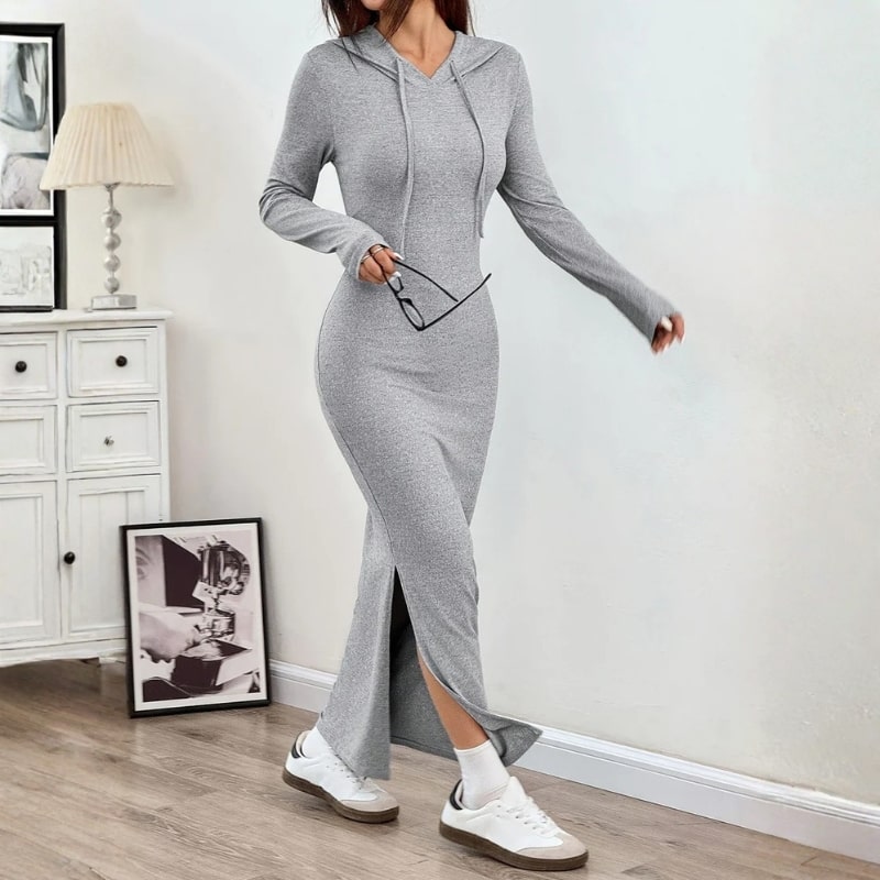 Sasha Women’s Bodycon Dress – Hooded Stretch Maxi with Side Slit