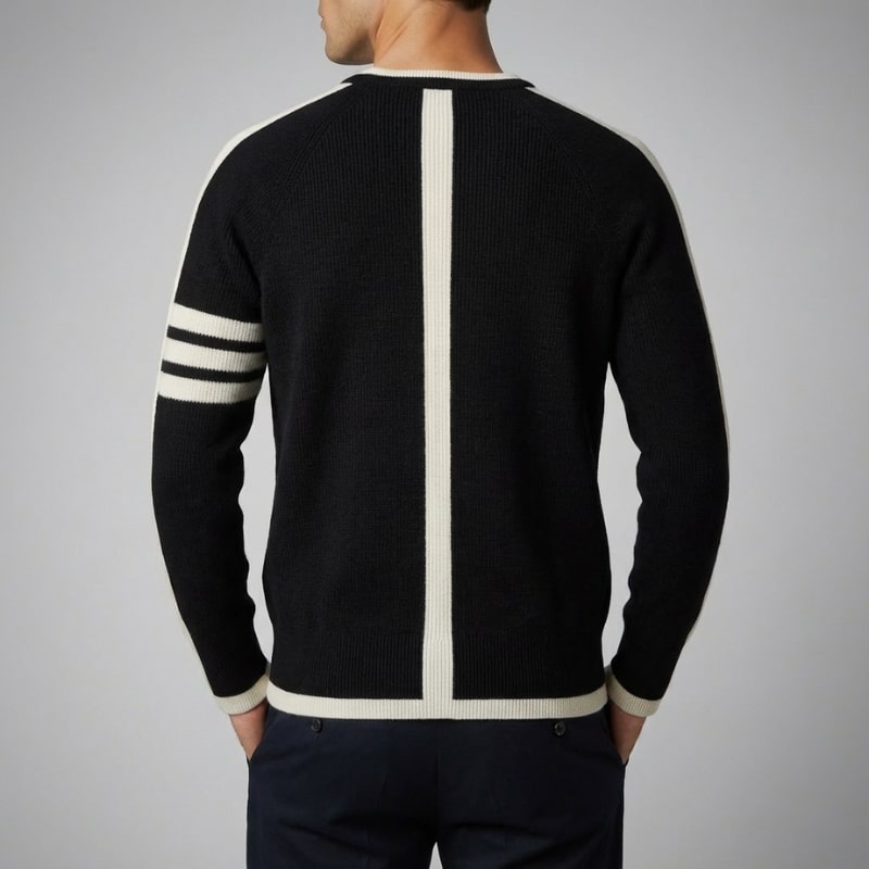 Damien Men’s Knit Sweater – Structured Knit Wool Pullover with Contrast Stripe Detail