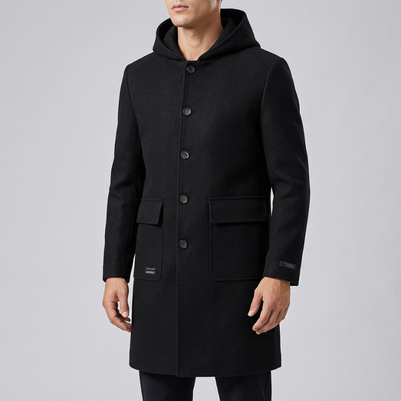 Brayan Men’s Hooded Wool Overcoat – Structured Knee-Length Design with Detachable Lining