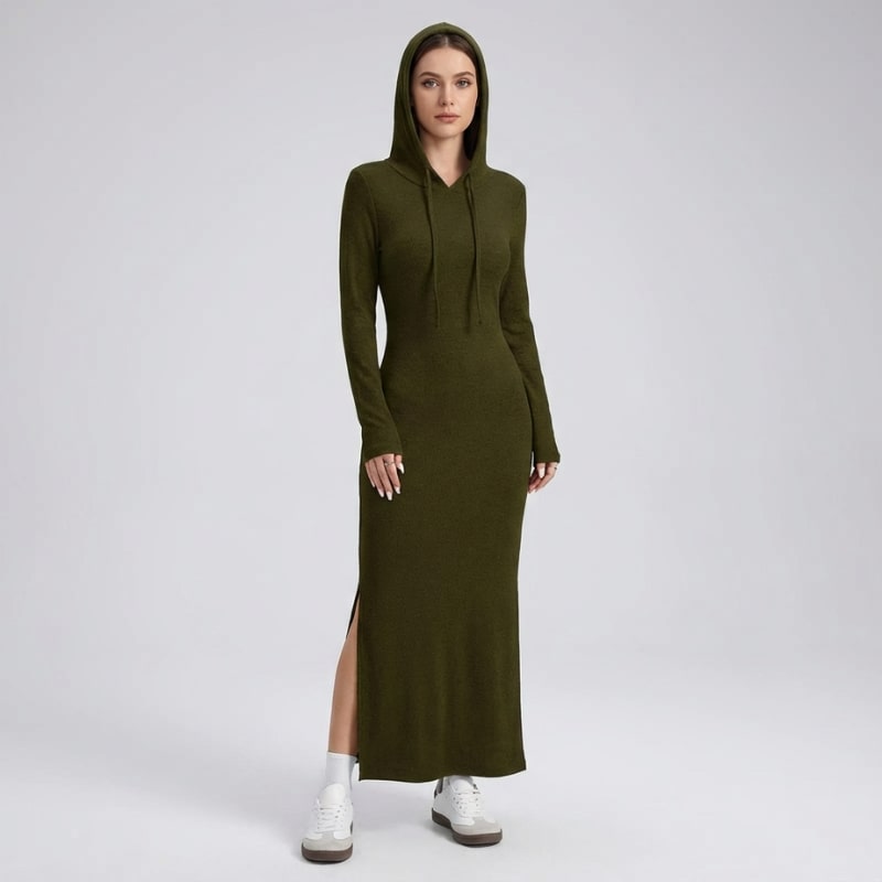 Sasha Women’s Bodycon Dress – Hooded Stretch Maxi with Side Slit