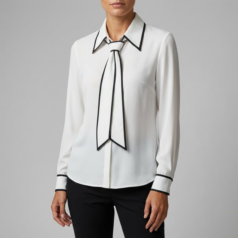 Thalia Women’s Blouse – Contrast Tie Cotton-Blend Button-Down Shirt with Structured Collar