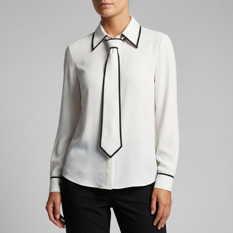 Thalia Women’s Blouse – Contrast Tie Cotton-Blend Button-Down Shirt with Structured Collar