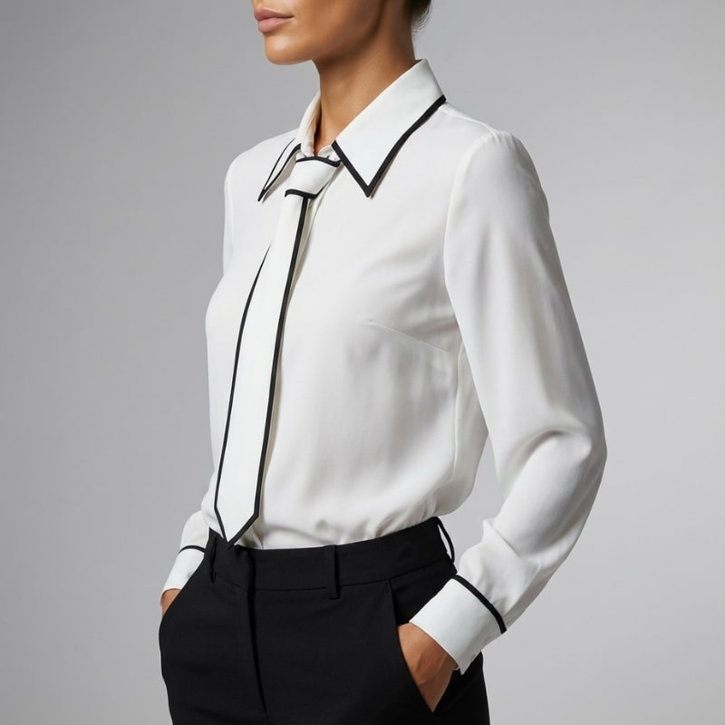Thalia Women’s Blouse – Contrast Tie Cotton-Blend Button-Down Shirt with Structured Collar