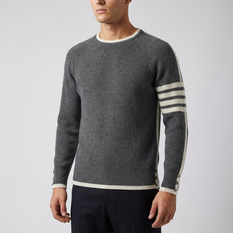 Damien Men’s Knit Sweater – Structured Knit Wool Pullover with Contrast Stripe Detail