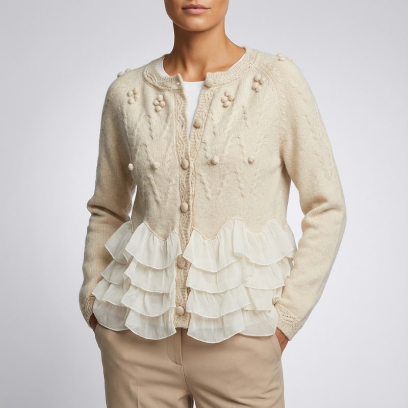 Alba Women’s Knit Cardigan – Ruffle Cable-Knit with Chiffon Layered Ruffles